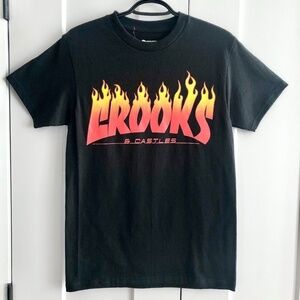 Crooks & Castles, T Shirt, Flames, Black, Size S, New Without Tags